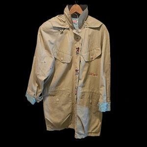 René Derhy Embroidered Coat Khaki Boho Safari Jacket Whimsical Art Women (S)